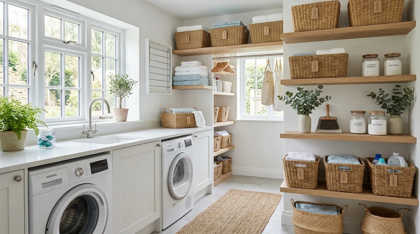 Reduce exposed clutter to protect visual calm inspiration for an organized laundry room.